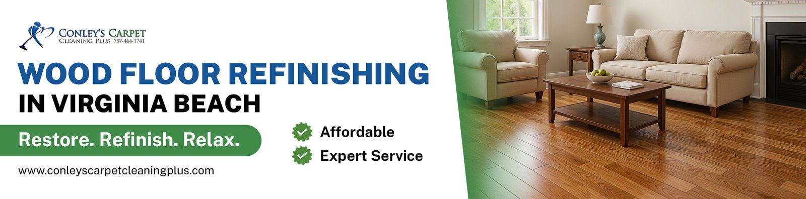Wood floor refinishing in Virginia Beach by Conley's Carpet Cleaning Plus. Restore, refinish, and relax with affordable and expert services for your hardwood floors.